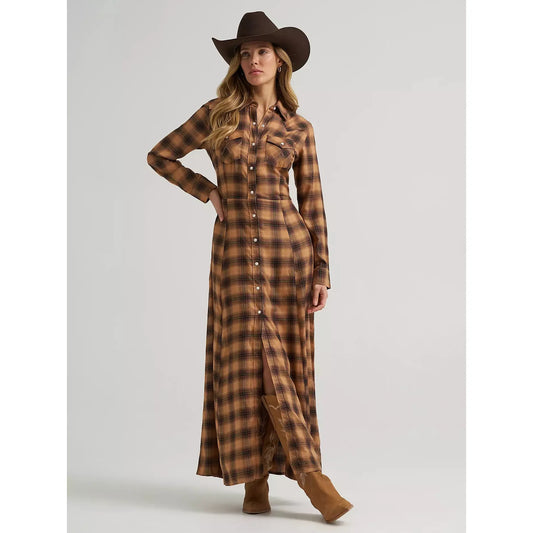 Wrangler Women's Western Plaid Flannel Maxi Shirt Dress - Brown