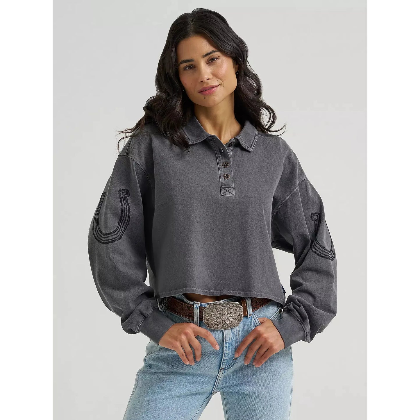 Wrangler Women's Western Horseshoe Long Sleeve Polo Shirt - Black