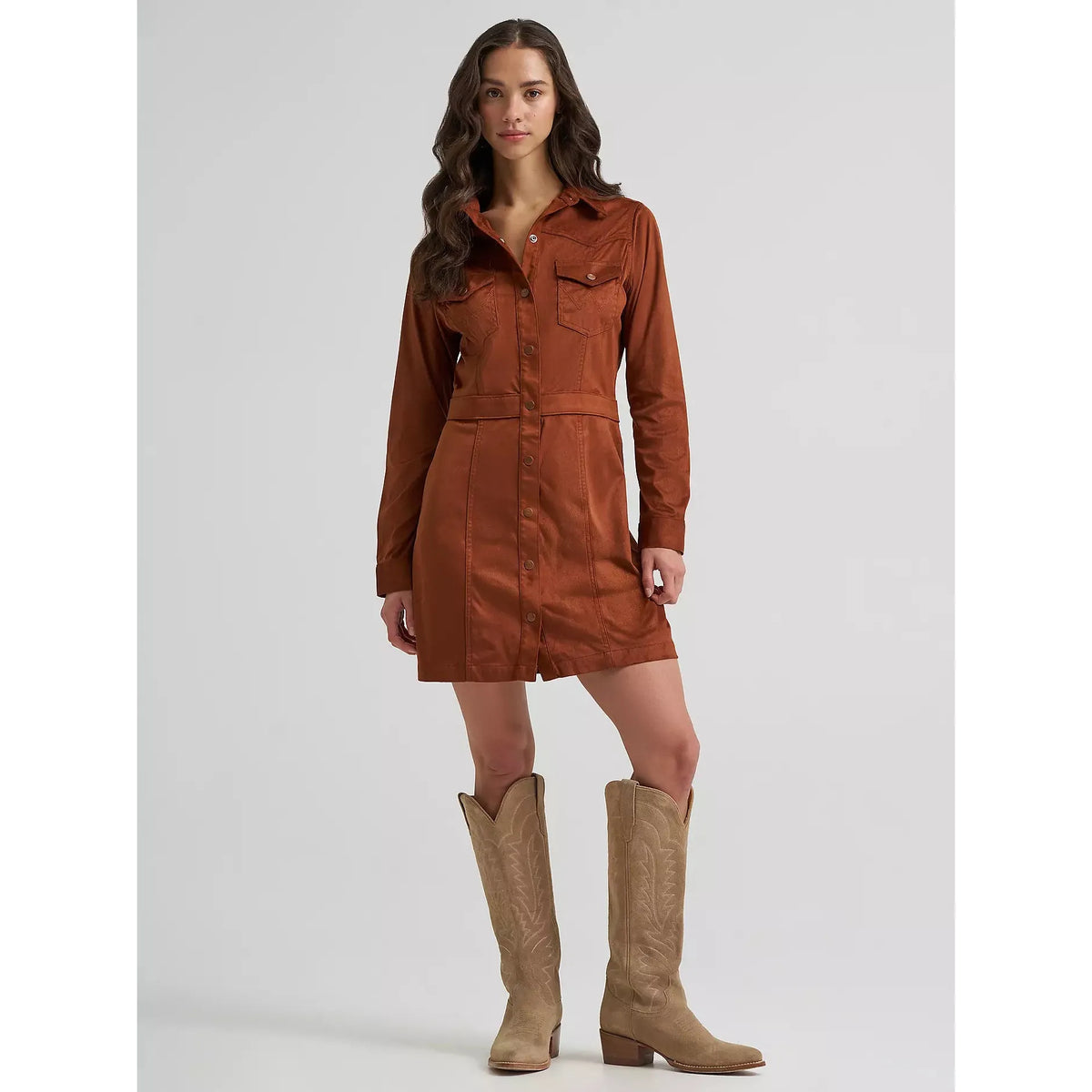 Wrangler Women's Sueded Western Snap Shirt Dress- Cinnamon