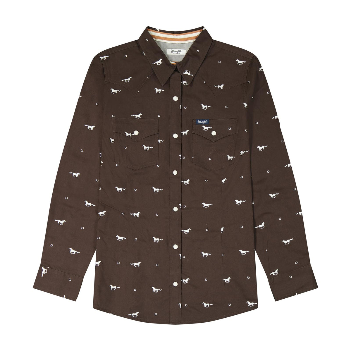Wrangler Women's Retro Western Dress Horse Print LS Snap Shirt - Brown
