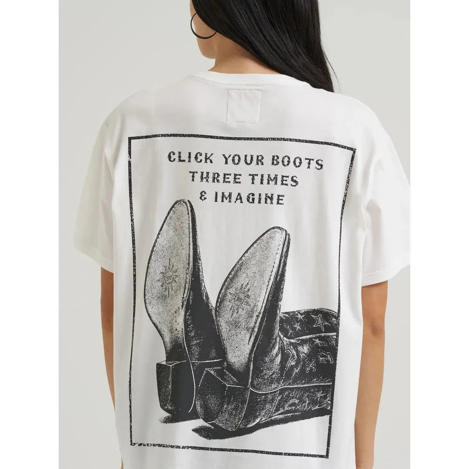 Wrangler Women's Lainey Wilson Short Sleeve Click Your Boots Graphic Tee Shirt- White
