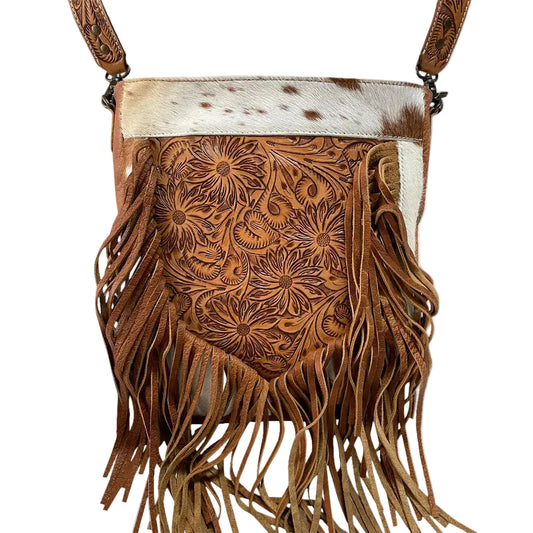 American Darling Hand Tooled Leather Messanger Bag W/ Hair on Cowhide & Fringe