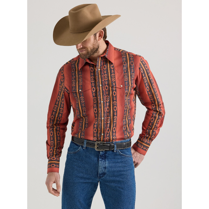 Wrangler Checotah® Men's Classic Fit Aztec Western Long Sleeve Shirt - Black/Tangerine/Rich Rust