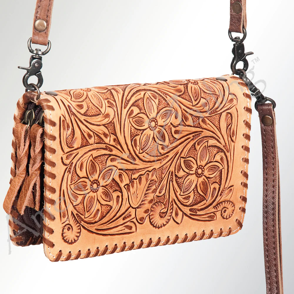 American Darling Women's Hand-Tooled Crossbody Purse - Tan