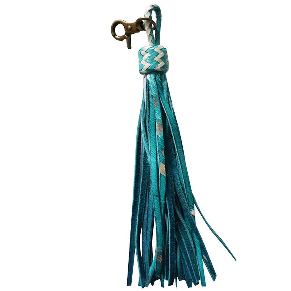 American Darling Rawhide Knot Leather Fringe Keychain - Turquoise