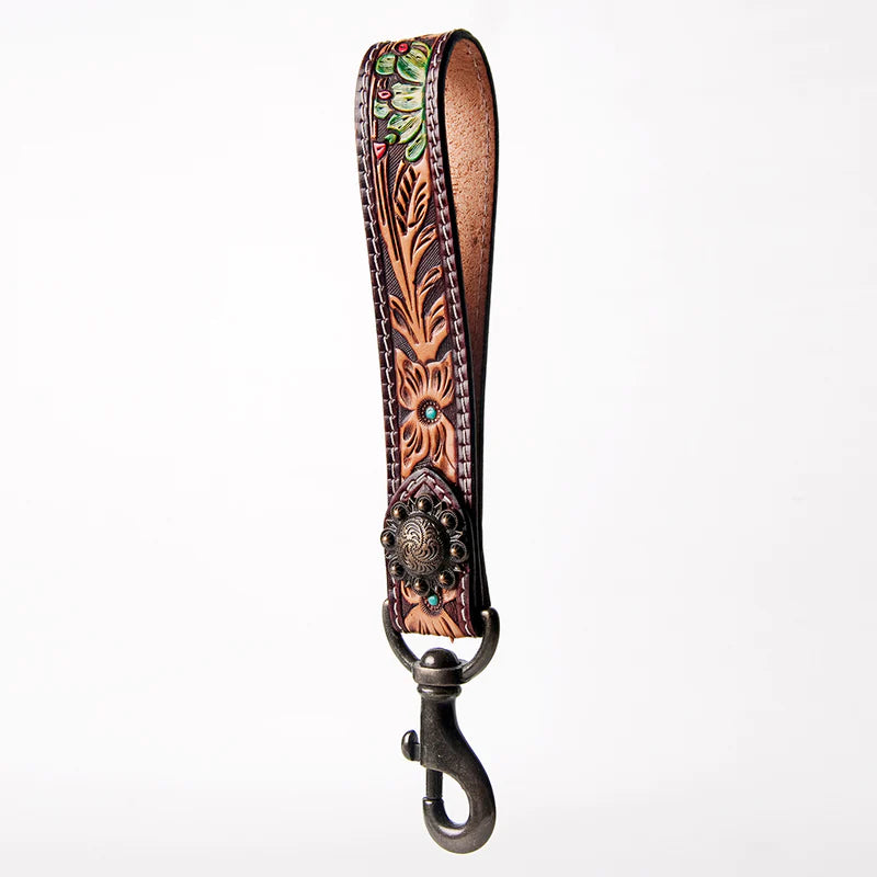American Darling Hand Tooled Leather Wristlet Keychain - Floral Tooling with Painted Accents & Concho