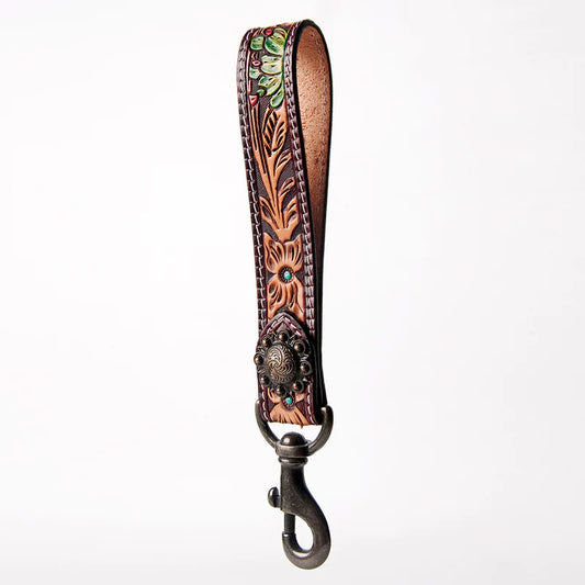 American Darling Hand Tooled Leather Wristlet Keychain - Floral Tooling with Painted Accents & Concho