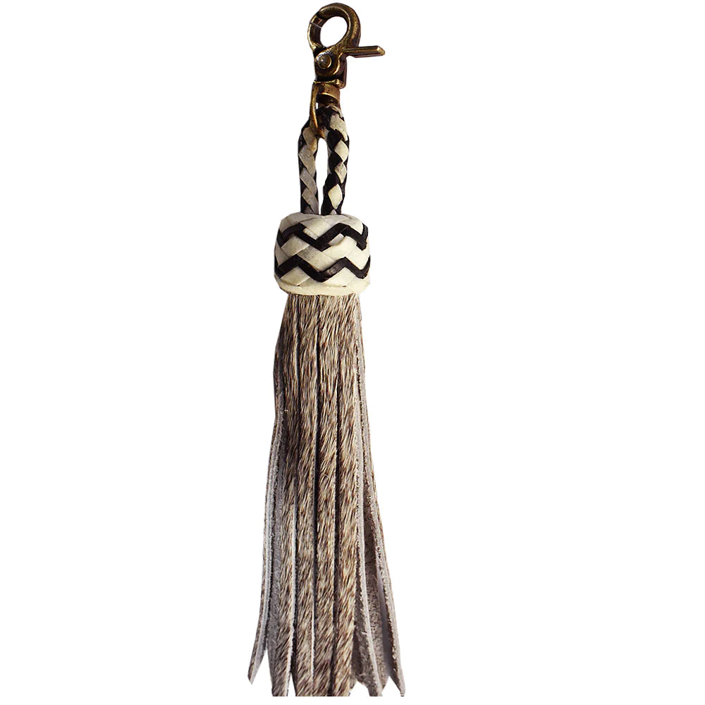 American Darling Rawhide Knot Leather Fringe Keychain - Brown/White