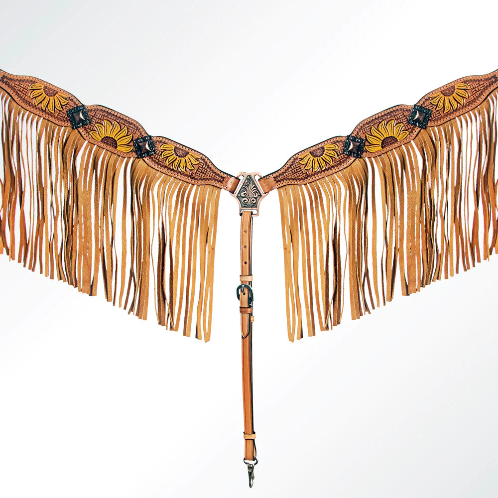 American Darling Hand Tooled Sunflower Concho Breast Collar - Tan/Yellow