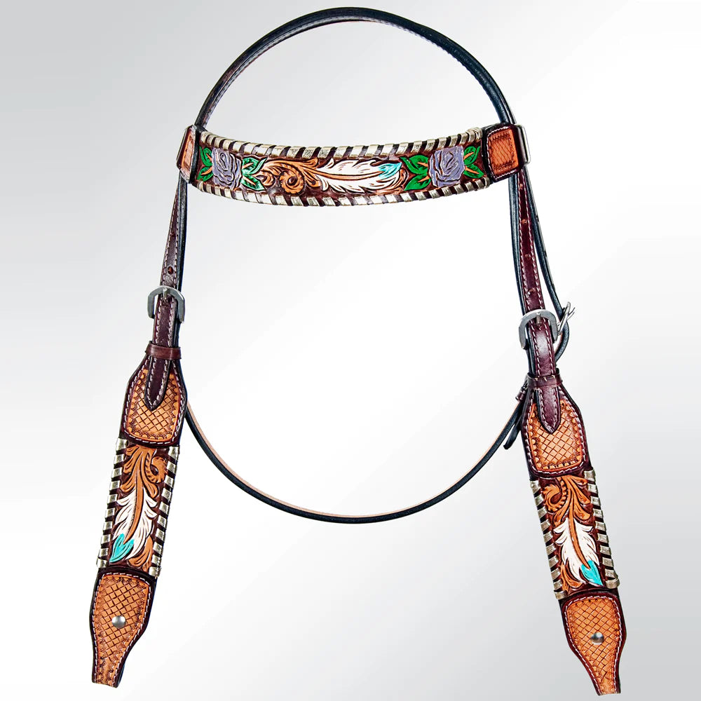American Darling Hand Tooled Feather Browband Headstall - Multi