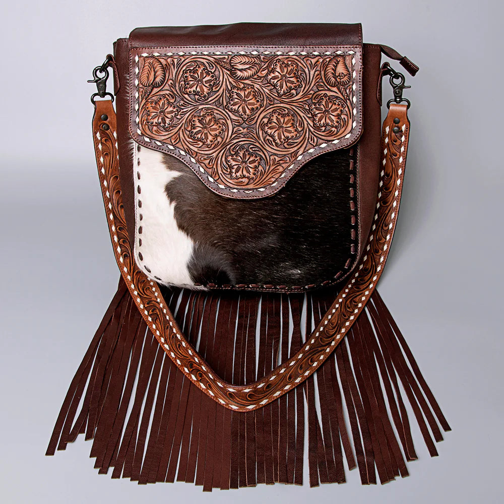 American Darling Hair On Hand Tooled Large Messenger Bag w/Fringe - Brown