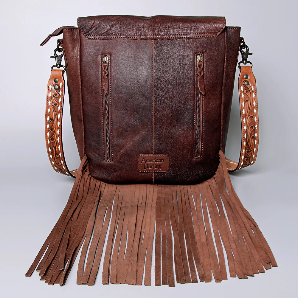 American Darling Hair On Hand Tooled Large Messenger Bag w/Fringe - Brown