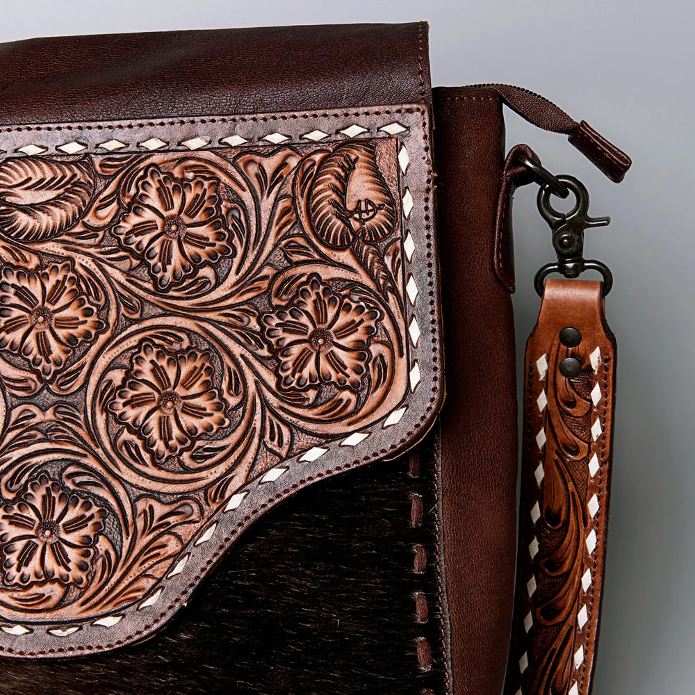 American Darling Hair On Hand Tooled Large Messenger Bag w/Fringe - Brown