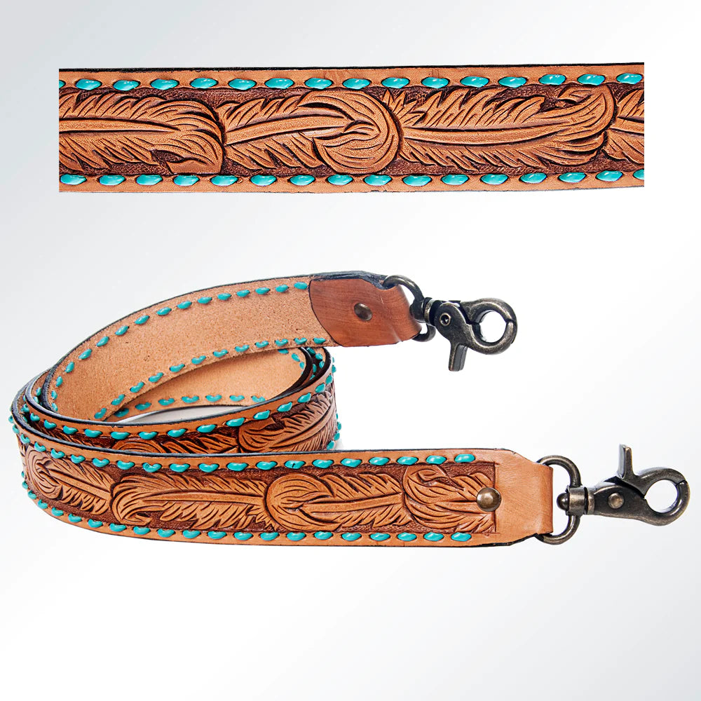 American Darling Leather Hand-Tooled Purse Strap - Tan Feathers w/Turquoise Buckstitch