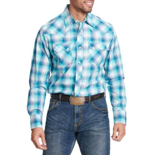 Wrangler  Men's 20X Competition Plaid  Long Sleeve Shirt - Turquoise/Navy