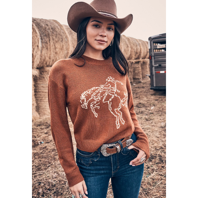 Wrangler Women's Horse Intarsia Crew Neck Sweater- Rust