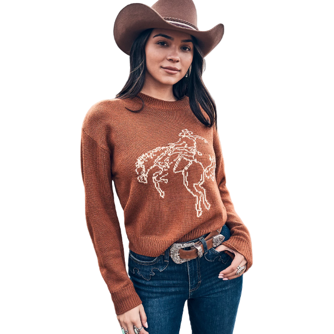 Wrangler Women's Horse Intarsia Crew Neck Sweater- Rust
