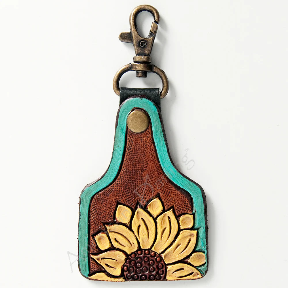 American Darling - Hand Tooled Leather Key Chain -  Sunflower Design with Turquoise Trim