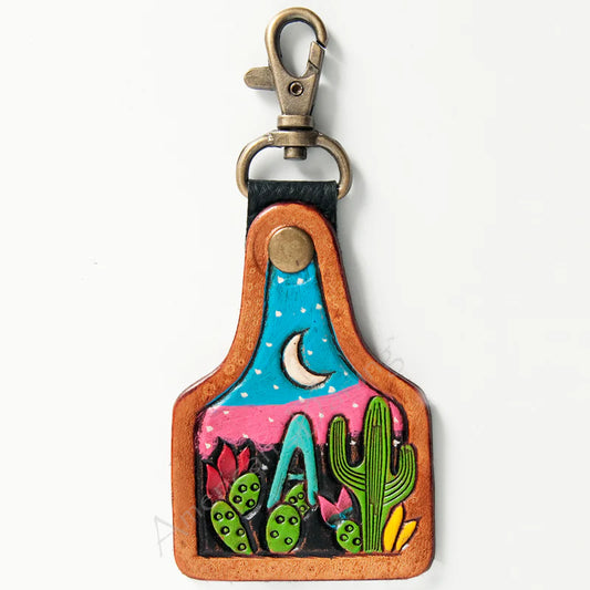 American Darling Tooled Leather Keychain Desert Night Scene with Cactus & Moon
