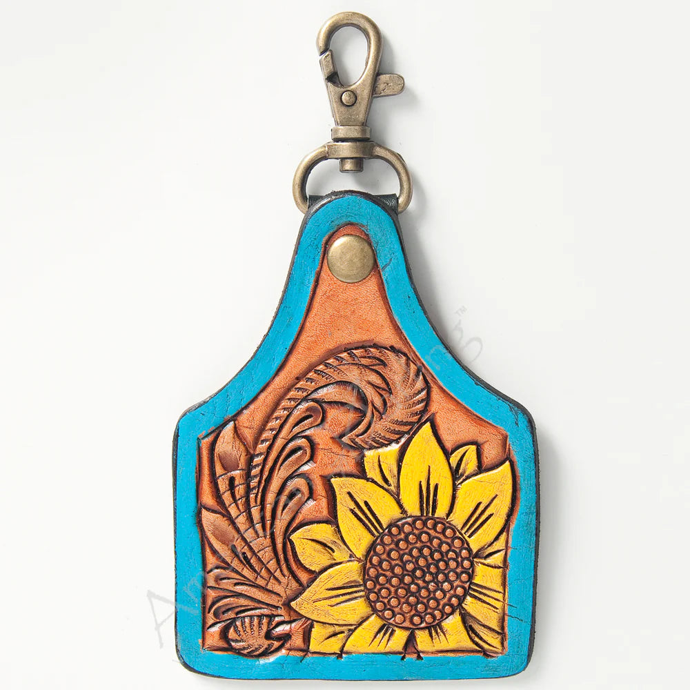 American Darling - Hand Tooled Leather Key Chain -  Sunflower Design with Turquoise