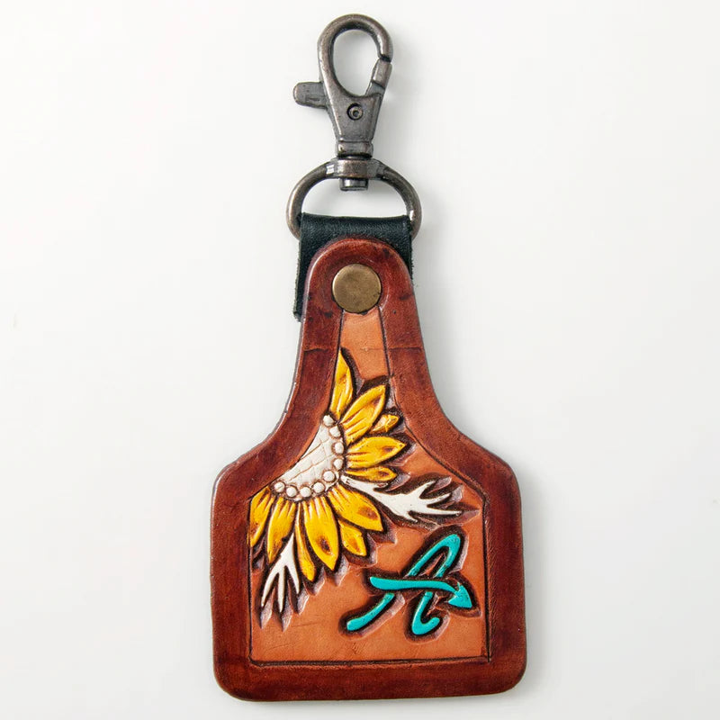 American Darling Hand-Tooled Leather Keyring Sunflower with Turquoise A Accent