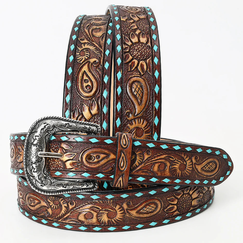 American Darling Tooled Leather Belt - Flower Filigree w/Turquoise Diamonds