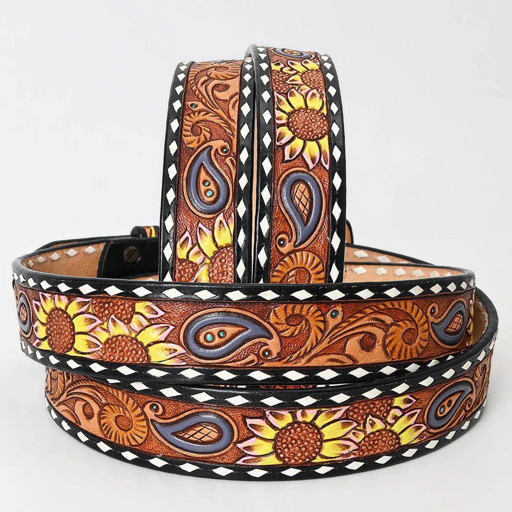 American Darling Tooled Leather Belt - Yellow Sunflower Design