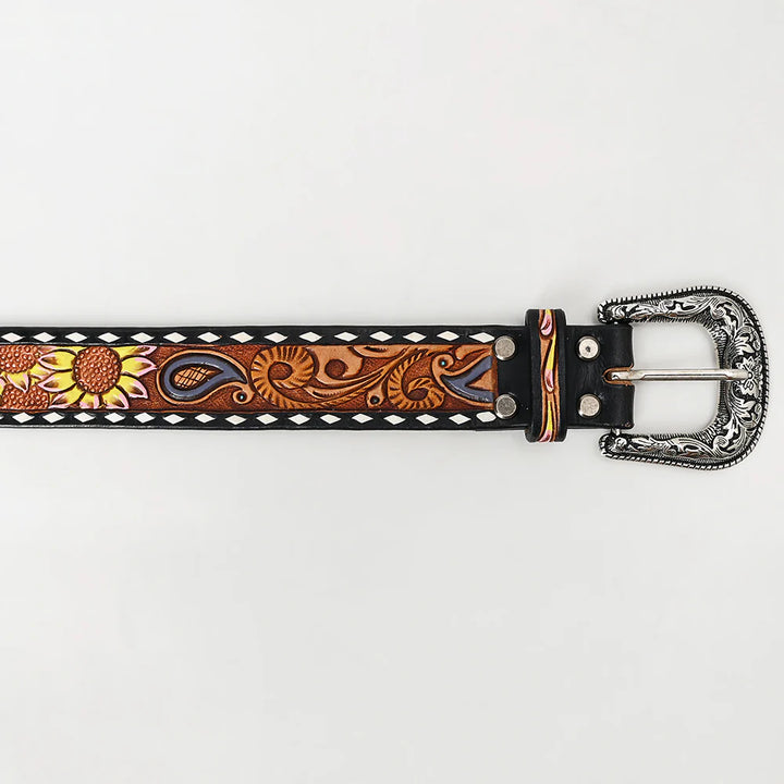 American Darling Tooled Leather Belt - Yellow Sunflower Design