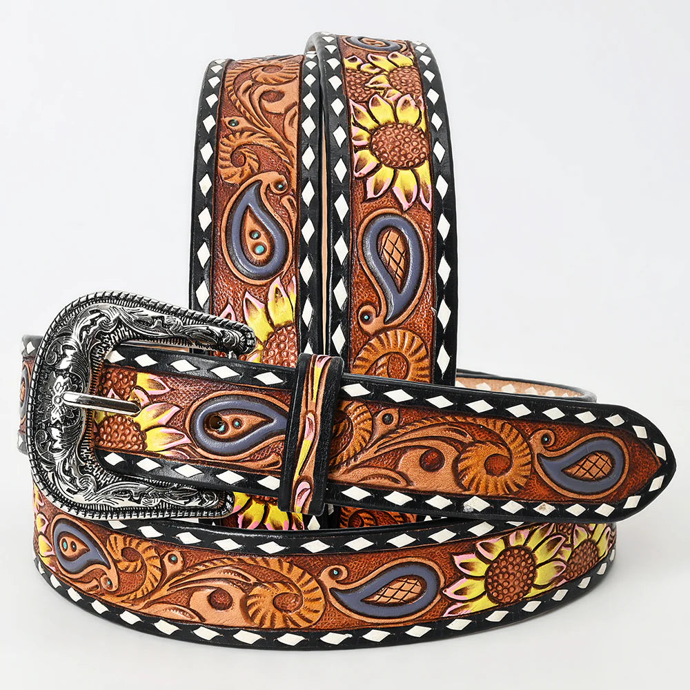 American Darling Tooled Leather Belt - Yellow Sunflower Design