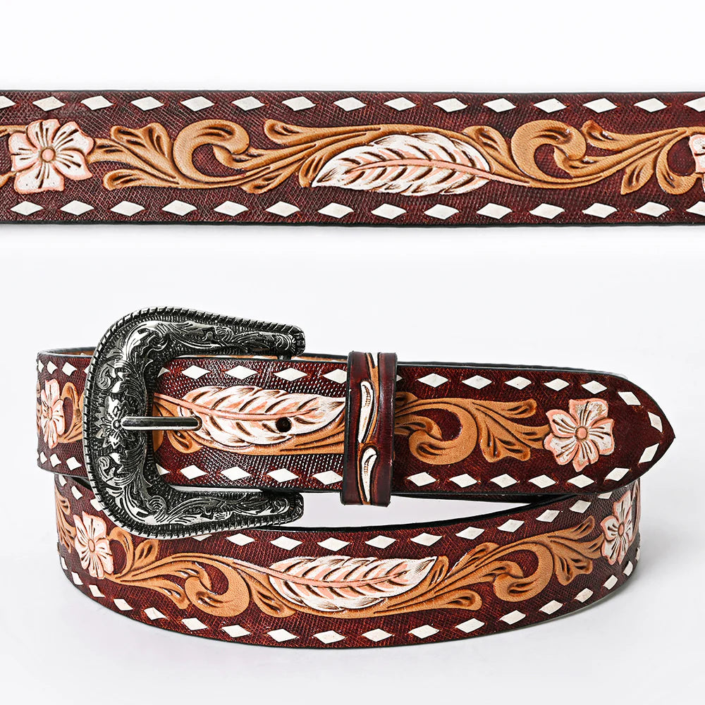 American Darling Women's Hand-Tooled Belt - White Feather & Flower Deisgn