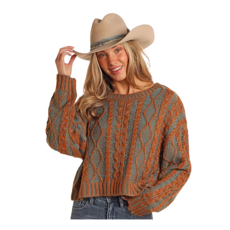 Rock & Roll Women's Long Sleeve Cable Crop Knit Boxy Sweater- Burnt Orange - Irvine Tack & Western Wear
