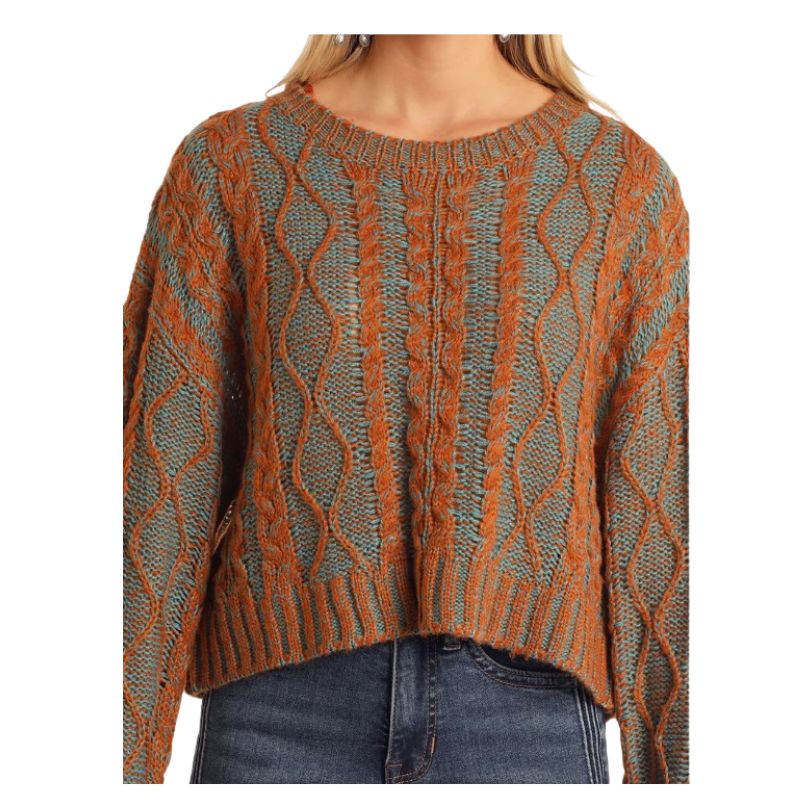 Rock & Roll Women's Long Sleeve Cable Crop Knit Boxy Sweater- Burnt Orange - Irvine Tack & Western Wear