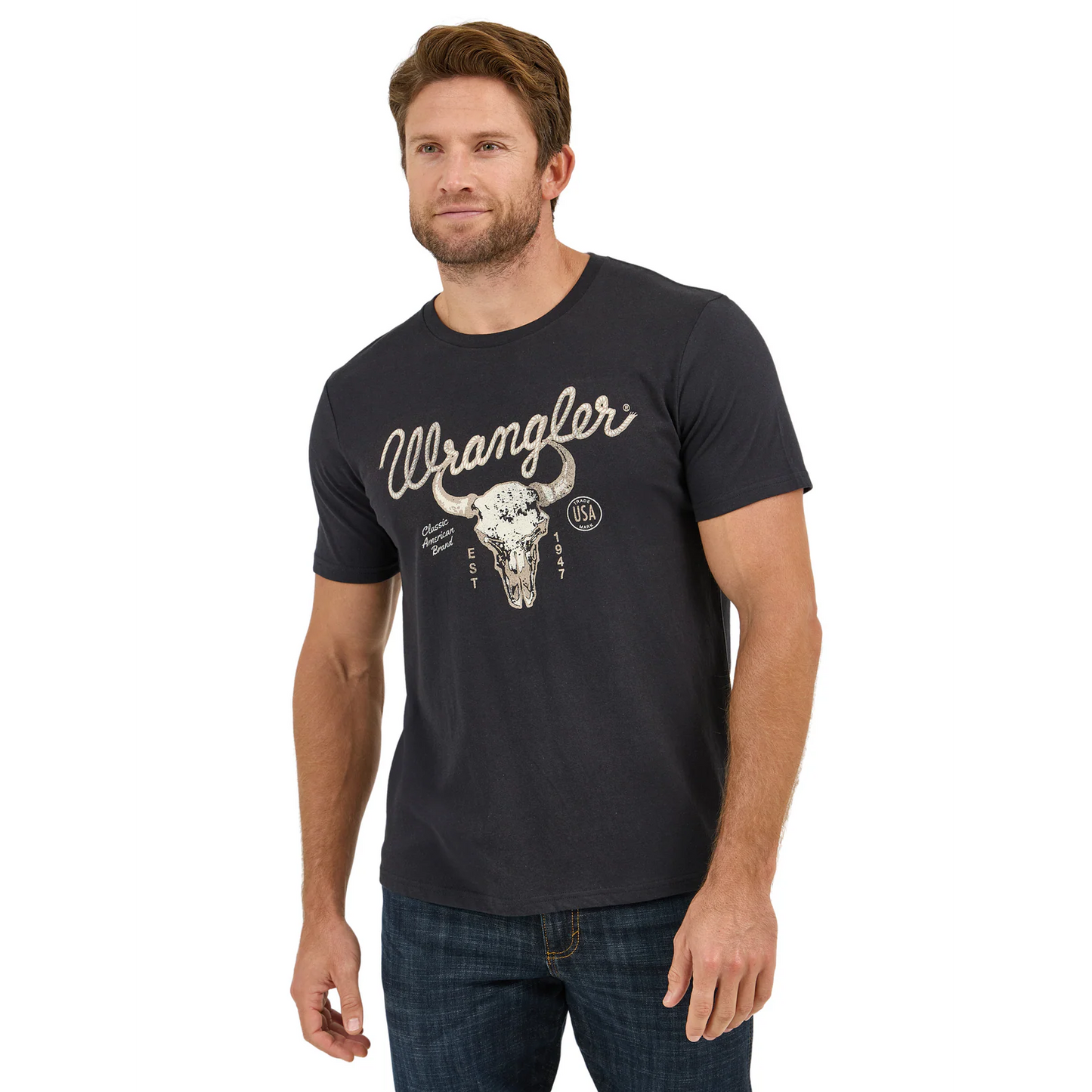 Wrangler Men's Short Sleeve Regular Fit Graphic Steer Skull Tee Shirt- Black