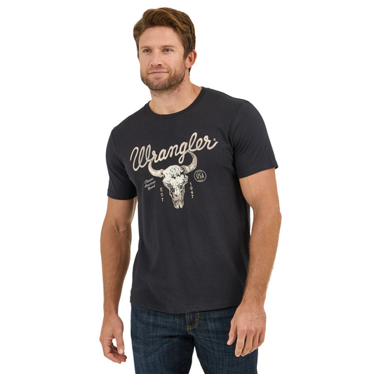 Wrangler Men's Short Sleeve Regular Fit Graphic Steer Skull Tee Shirt- Black