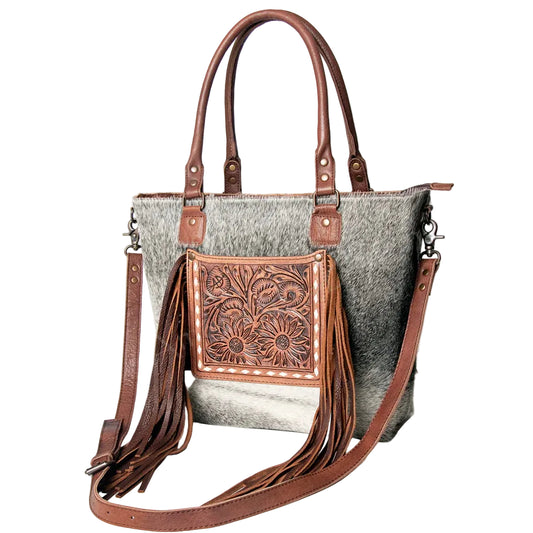 American Darling Hand Tooled Floral & Hair On Tote
