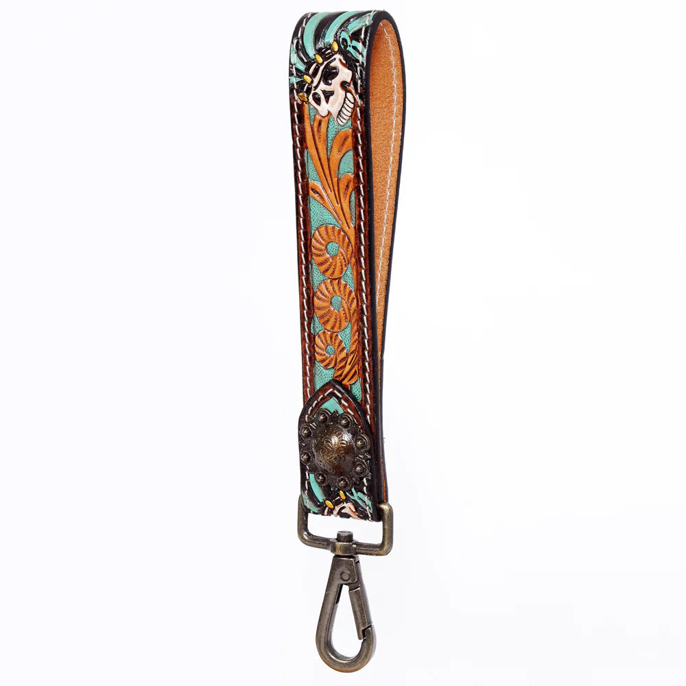 American Darling Leather Hand-Tooled Wristlet - Tan Filigree/Turquoise Inlay w/Skull