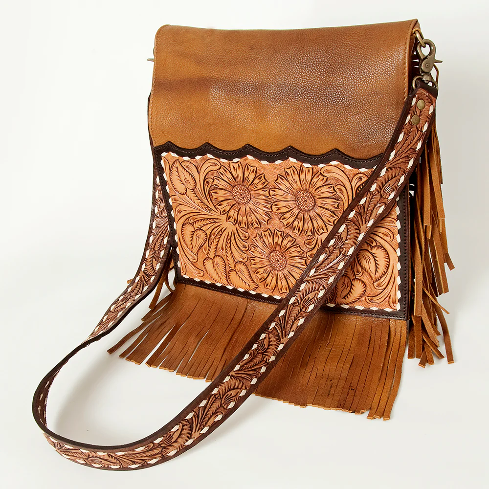 American Darling Crossbody Leather Tooled Messenger Bag - Sunflower