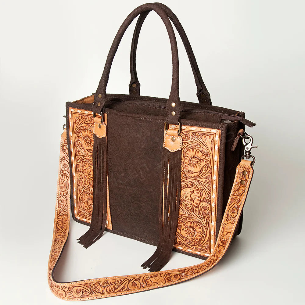 American Darling Women's Hand-Tooled Embossed Shoulder Purse - Chocolate Brown/Tan