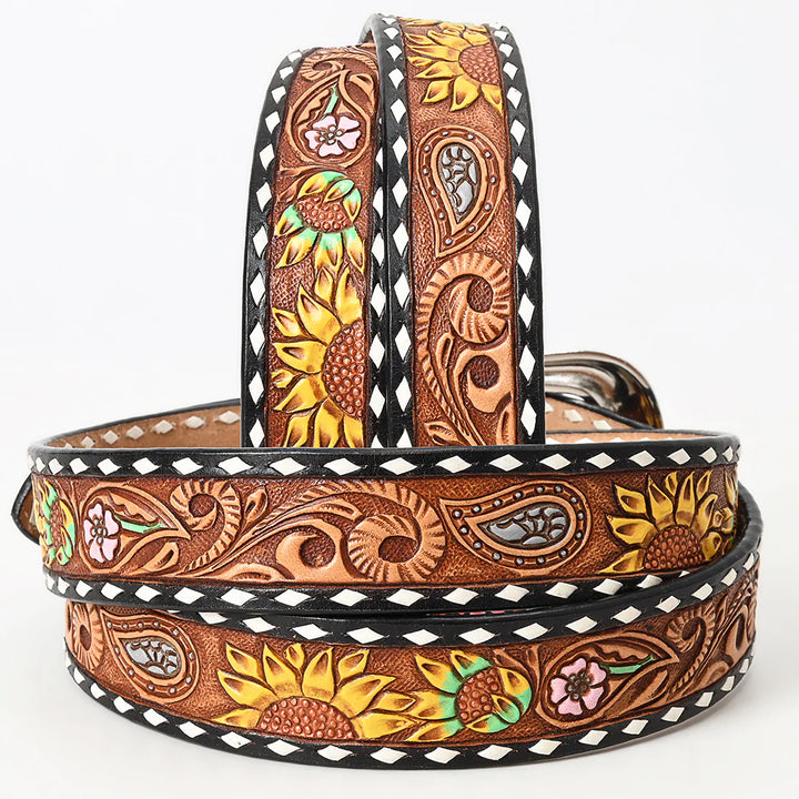 Bar H Tooled Leather Belt - Yellow Sunflowers with Turquoise Accents