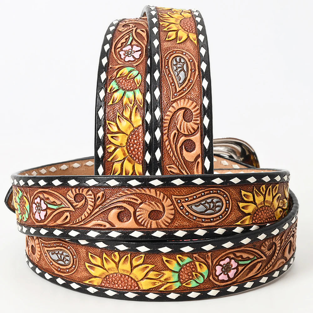 American Darling Tooled Leather Belt - Sunflower Design with White Edges - Brown/Yellow