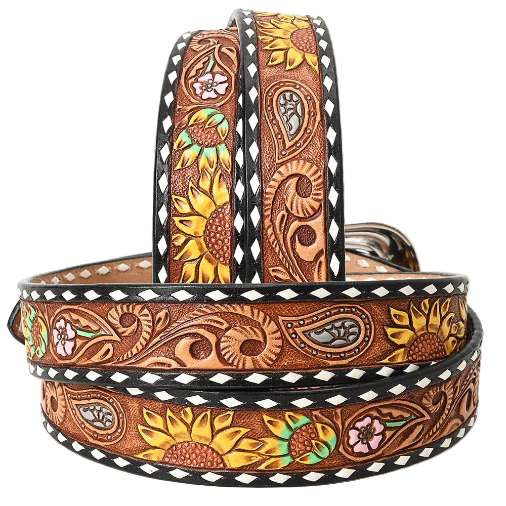 American Darling Tooled Leather Belt - Sunflower Design with White Edges - Brown/Yellow - Irvine Tack & Western Wear