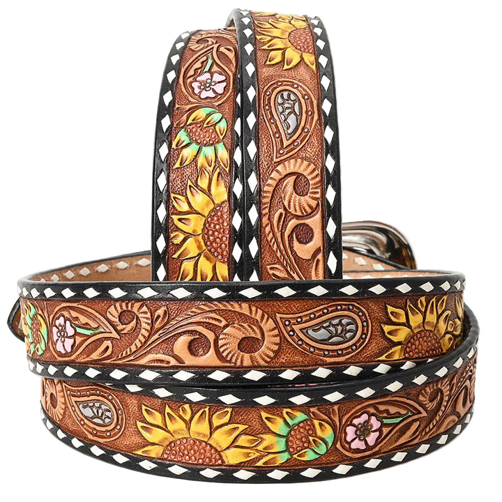 American Darling Tooled Leather Belt - Sunflower Design with White Edges - Brown/Yellow - Irvine Tack &amp; Western Wear