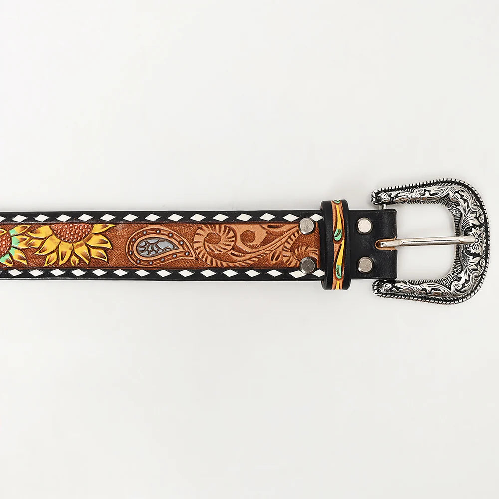 Bar H Tooled Leather Belt - Yellow Sunflowers with Turquoise Accents