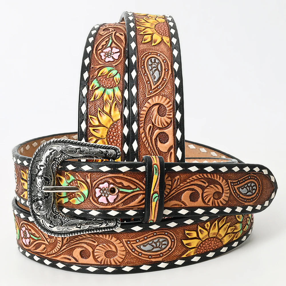 American Darling Tooled Leather Belt - Yellow Sunflower Design with White Edges