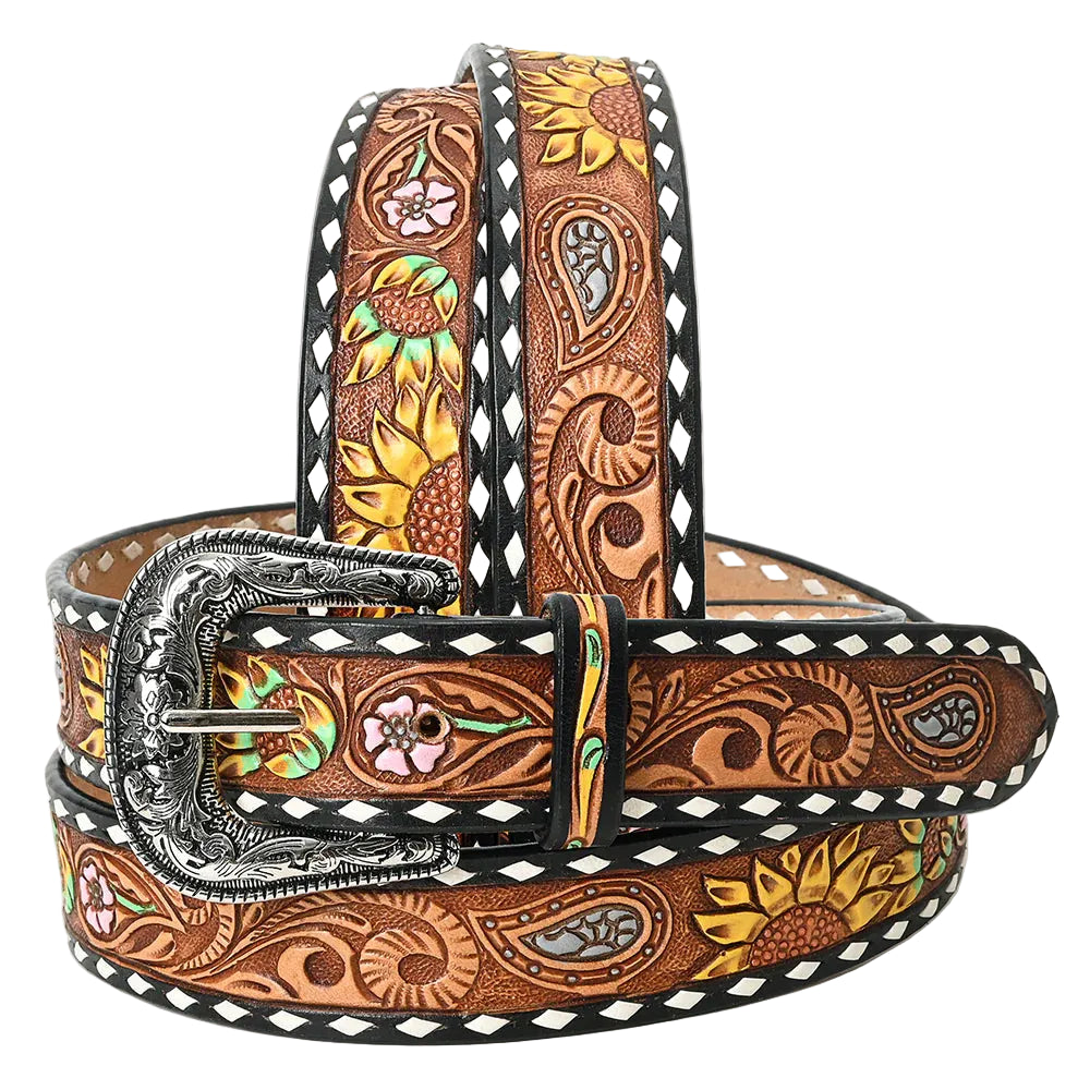American Darling Tooled Leather Belt - Sunflower Design with White Edges - Brown/Yellow - Irvine Tack & Western Wear