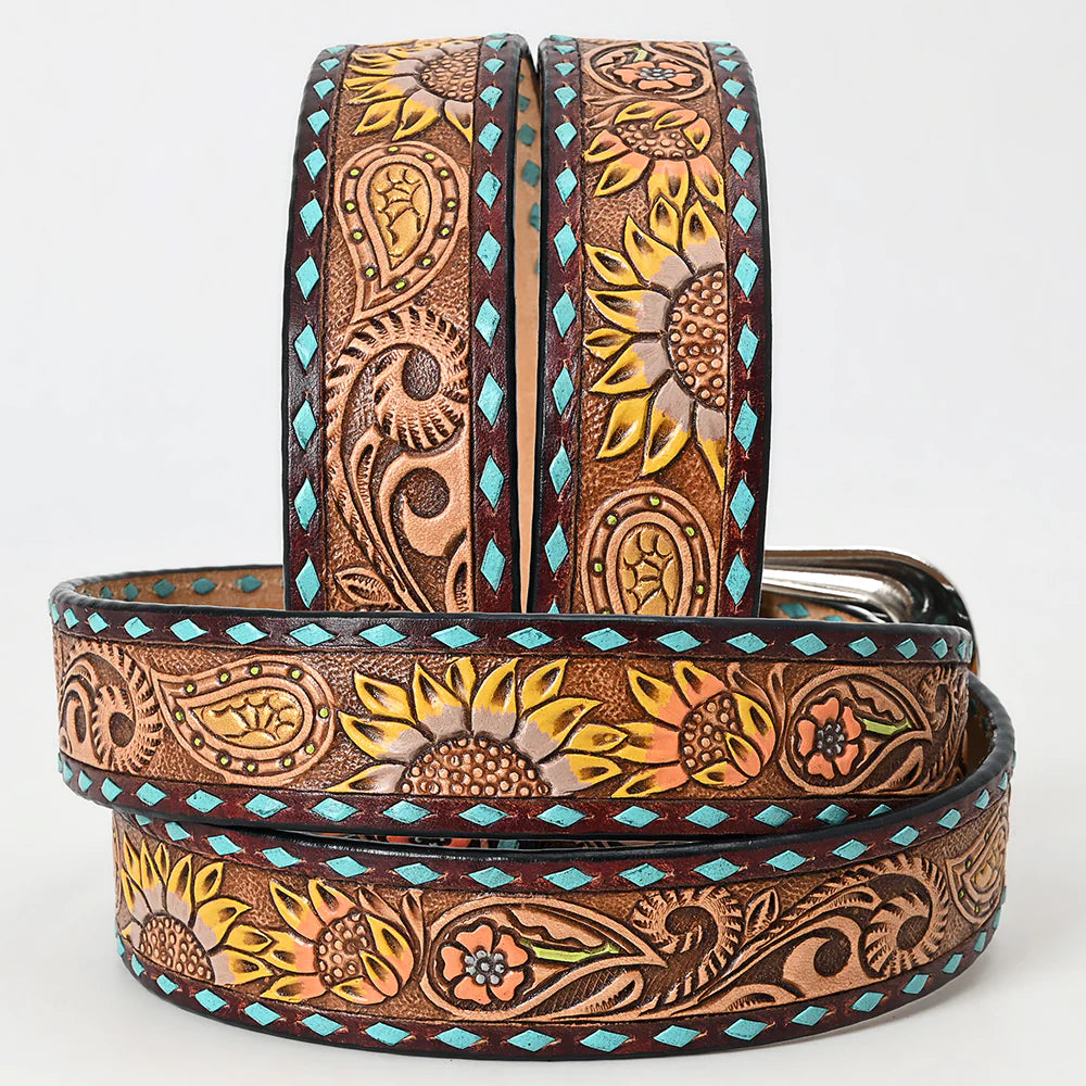 American Darling Tooled Leather Belt - Yellow Sunflowers Teal Edge