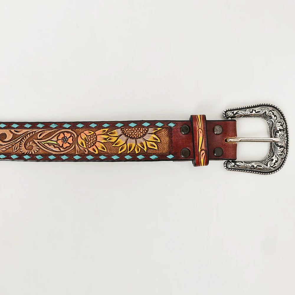 American Darling Tooled Leather Belt - Yellow Sunflowers Teal Edge
