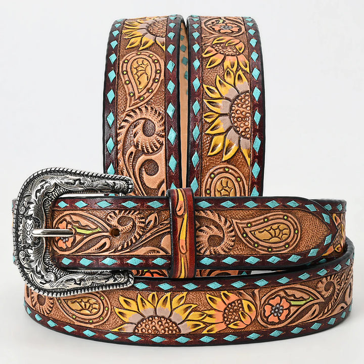 American Darling Tooled Leather Belt - Yellow Sunflowers Teal Edge