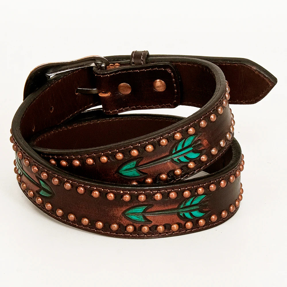 Bar H Western Unisex Hand Painted Leather Belt - Brown with Turquoise Arrow