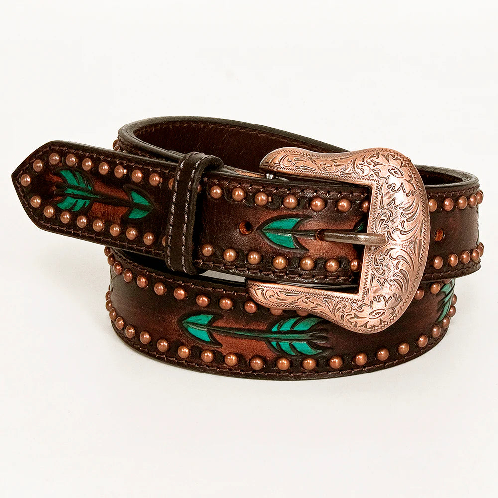 Bar H Western Unisex Hand Painted Leather Belt - Brown with Turquoise Arrow